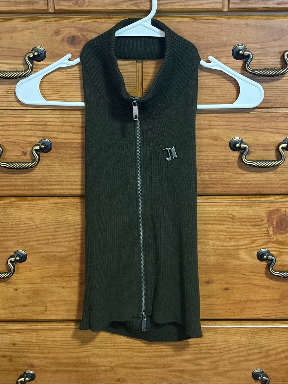 Mock Collar Zip-Front Ribbed Tank Top in Olive Green